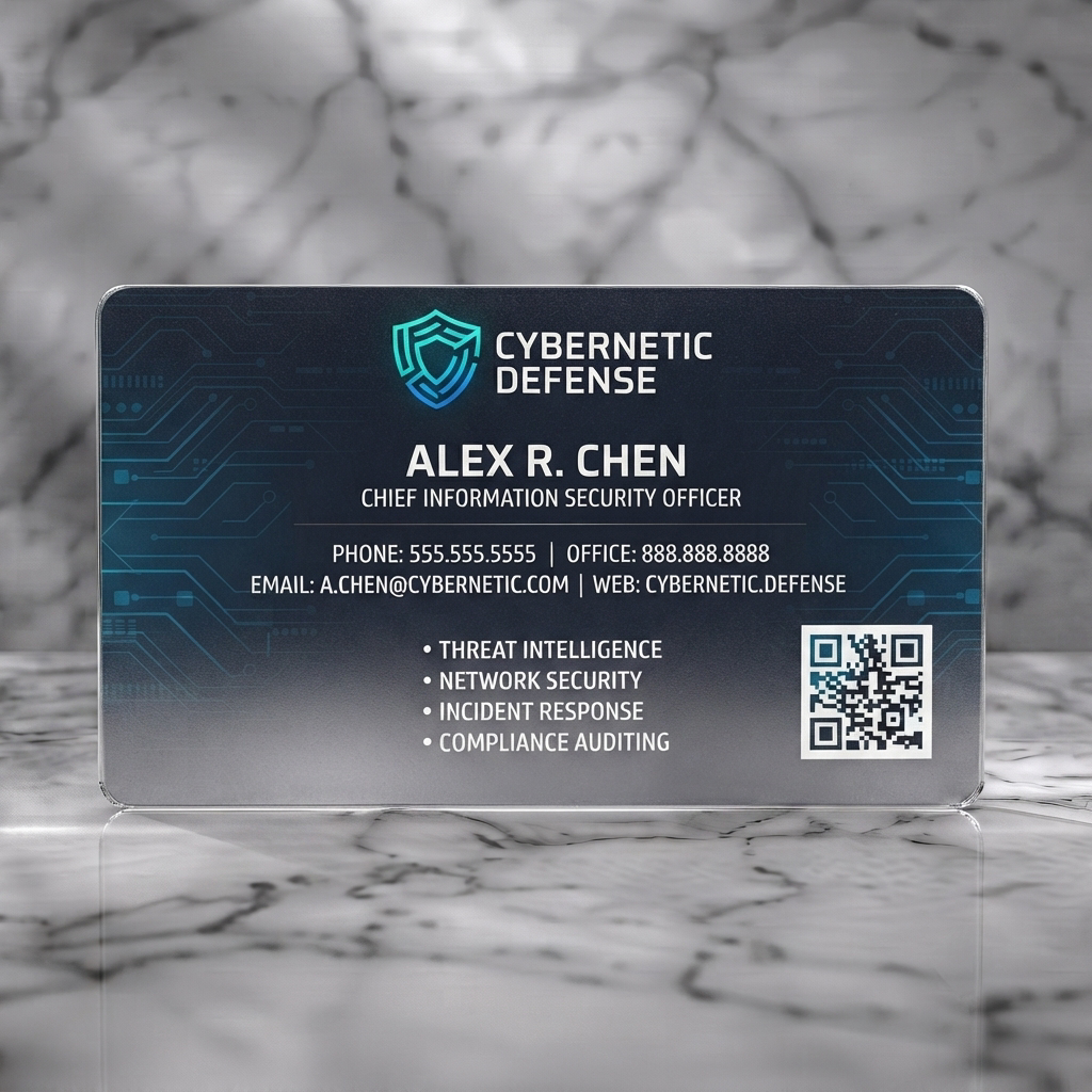 Frosted translucent plastic business card featuring a sleek dark blue digital circuit pattern, light blue shield logo, and white sans-serif typography