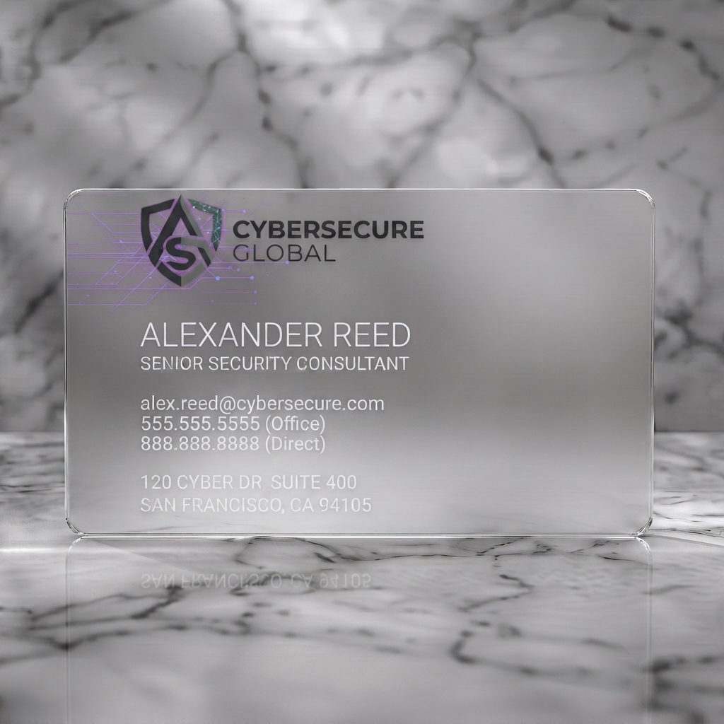 Frosted translucent plastic business card featuring a cybersecurity shield logo featuring circuit lines, modern sans-serif typography, and clean white and dark grey text