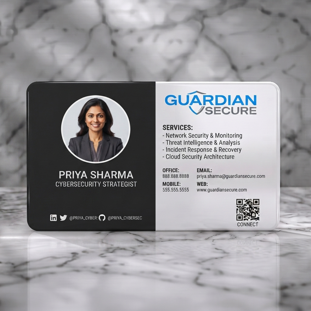 Solid white PVC business card featuring a modern split-layout with blue and gray branding, sans-serif typography, a shield logo, and social media icons