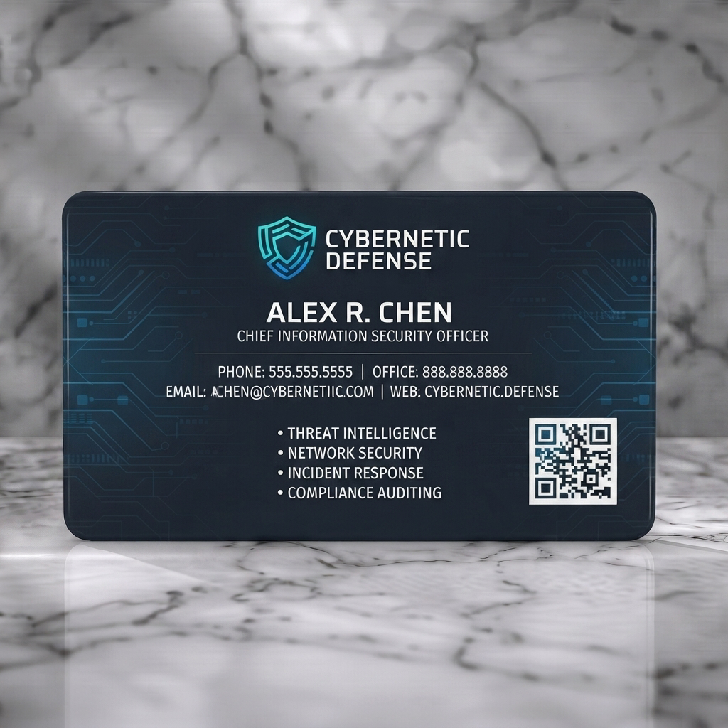 Solid white PVC business card featuring a sleek dark blue digital circuit pattern, light blue shield logo, and white sans-serif typography