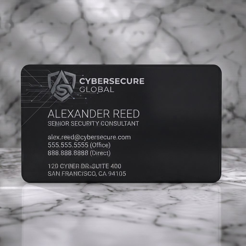 Solid white PVC business card featuring a cybersecurity shield logo featuring circuit lines, modern sans-serif typography, and clean white and dark grey text