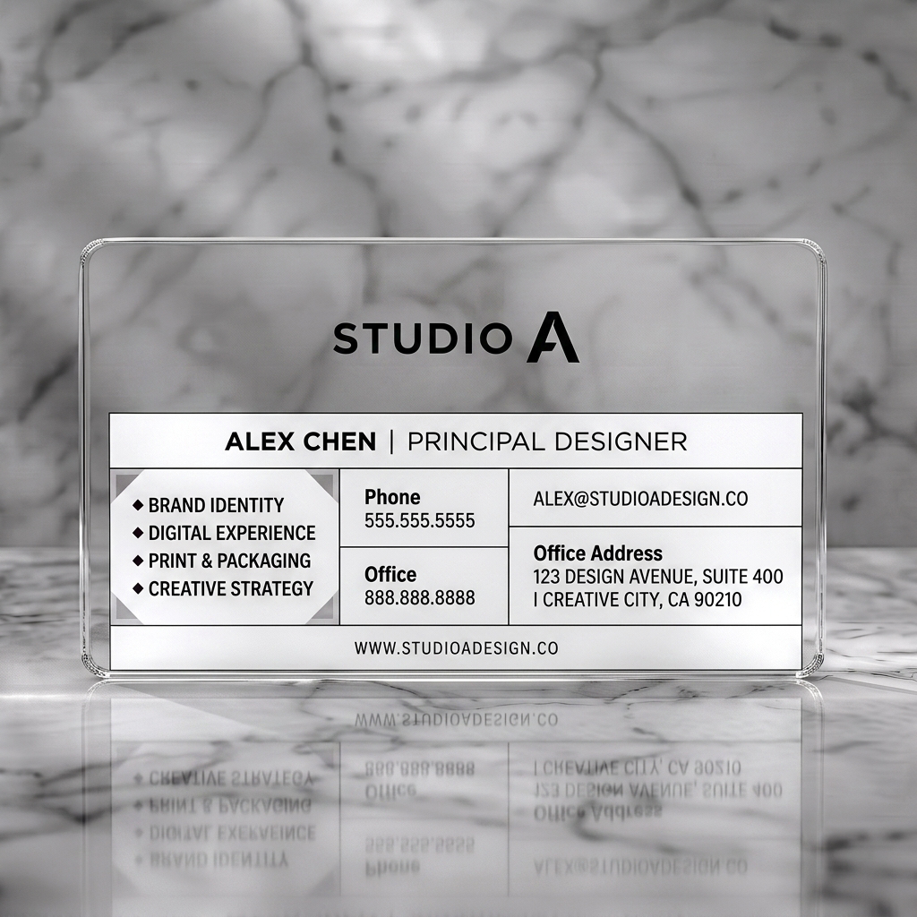 Clear plastic business card featuring clean white and black layout, modern sans-serif typography, and subtle purple diamond icons