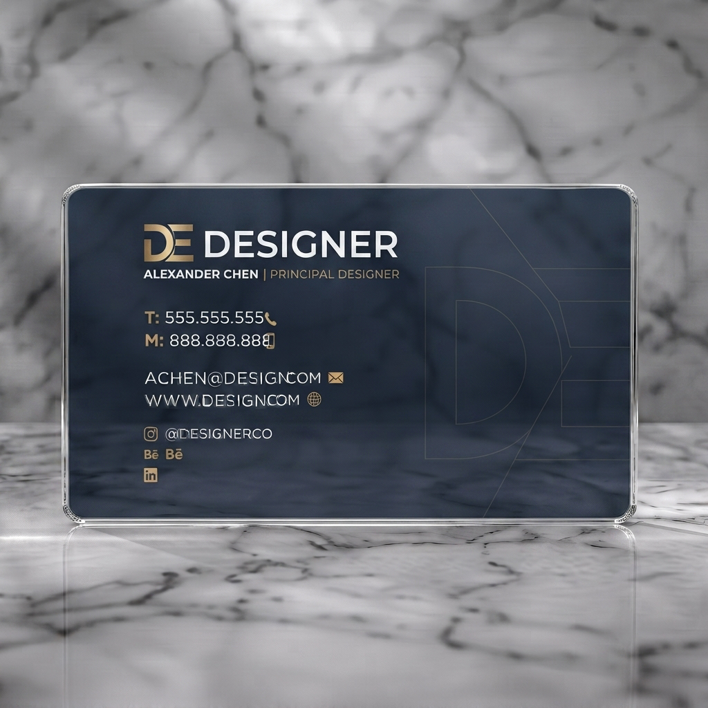 Clear plastic business card featuring elegant navy and gold palette, modern sans-serif fonts, geometric DE logo, and simple contact icons
