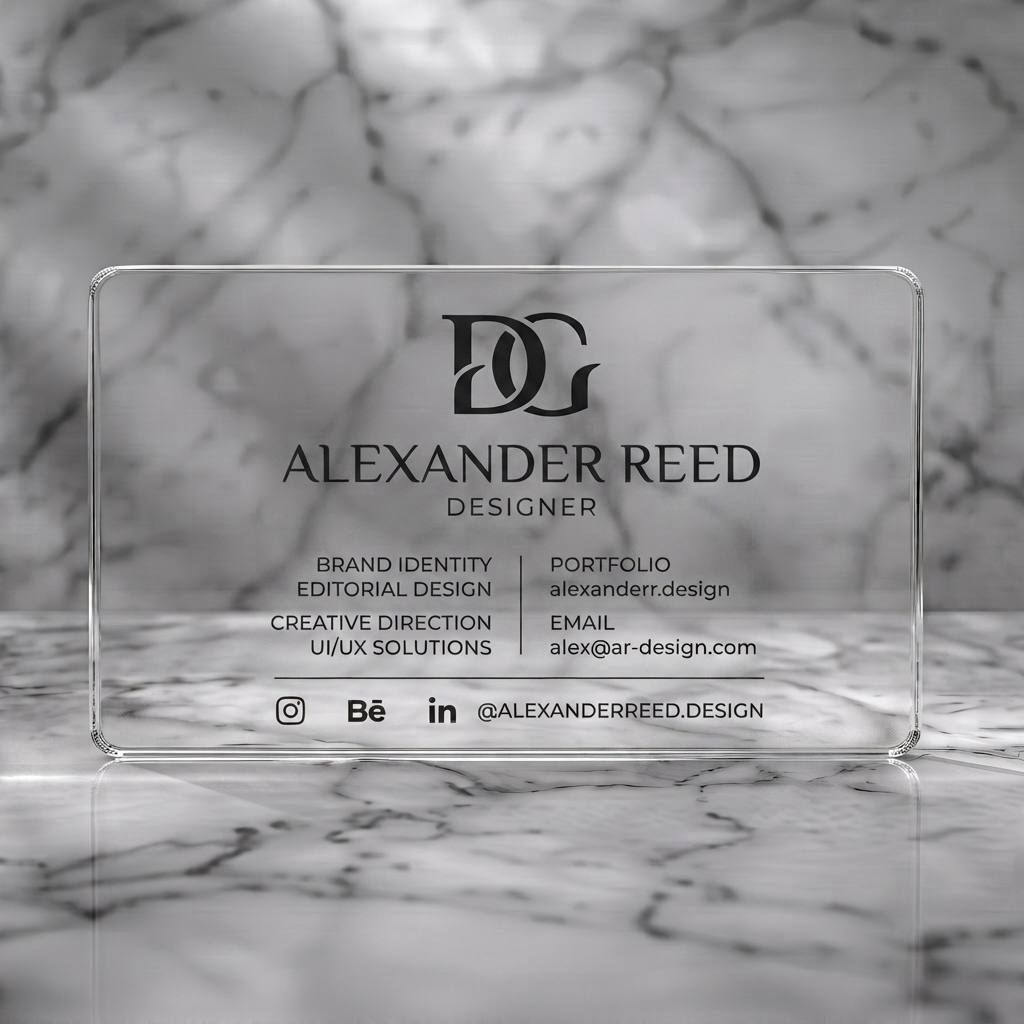 Clear plastic business card featuring clean black & white design, elegant serif logo, modern sans-serif fonts, and minimalist social icons