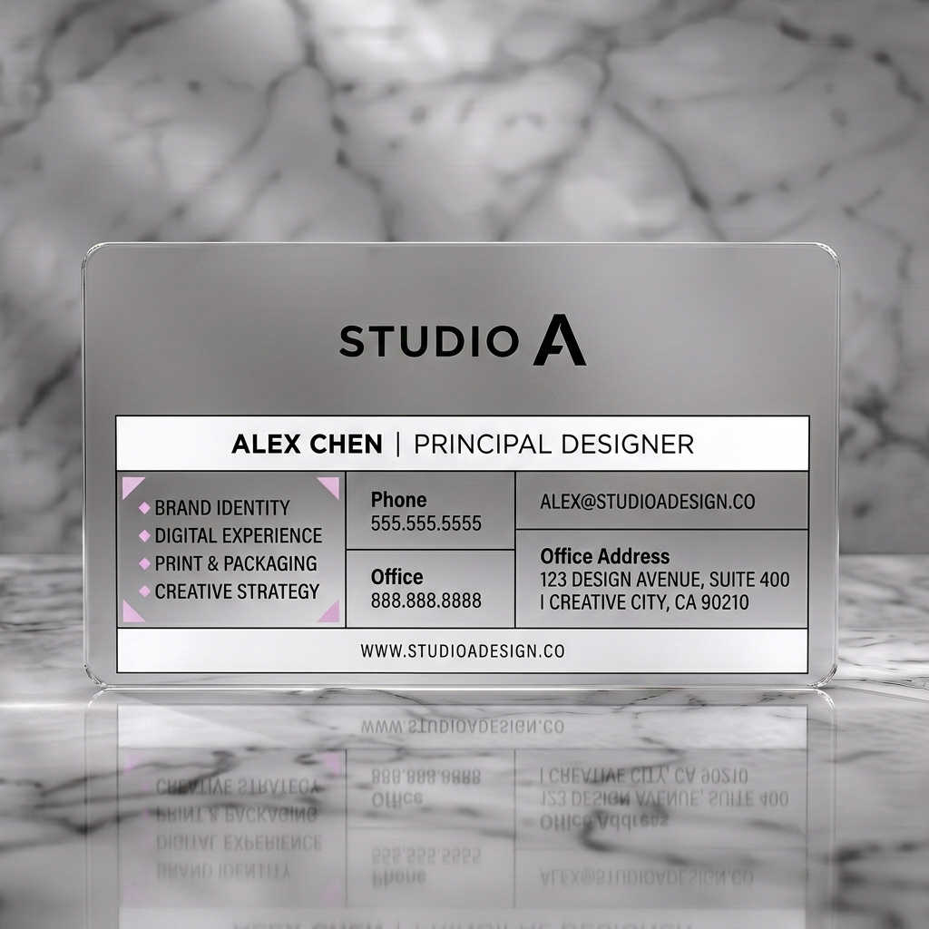 Frosted translucent plastic business card featuring clean white and black layout, modern sans-serif typography, and subtle purple diamond icons
