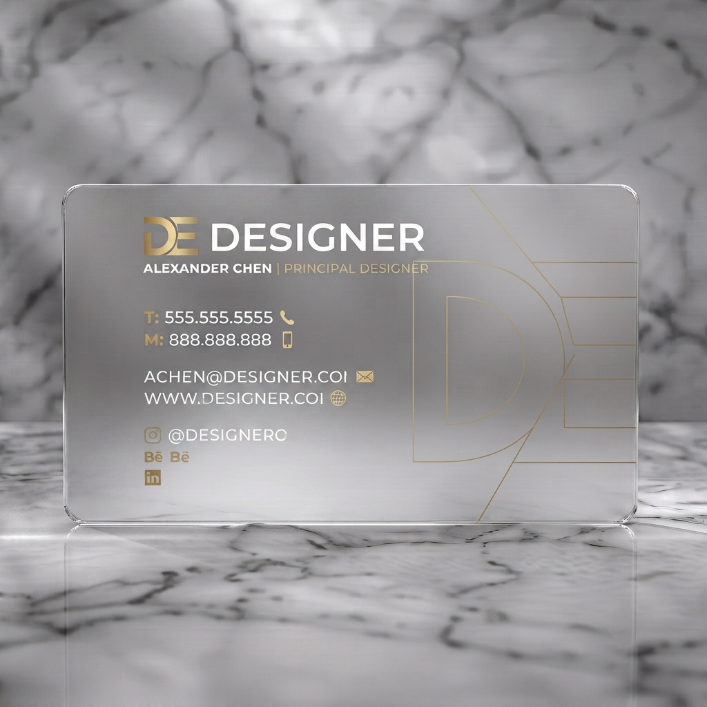 Frosted translucent plastic business card featuring elegant navy and gold palette, modern sans-serif fonts, geometric DE logo, and simple contact icons