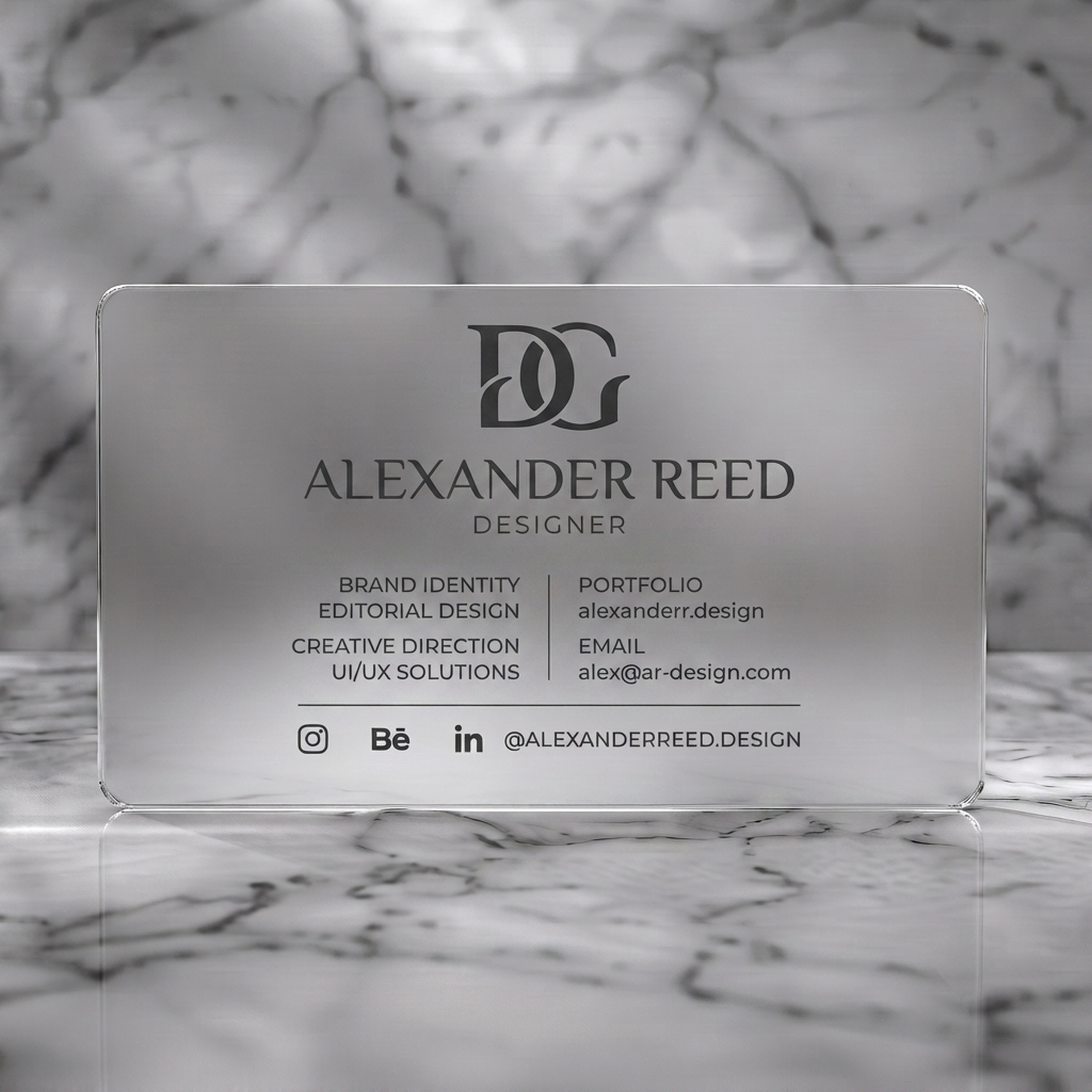 Frosted translucent plastic business card featuring clean black & white design, elegant serif logo, modern sans-serif fonts, and minimalist social icons