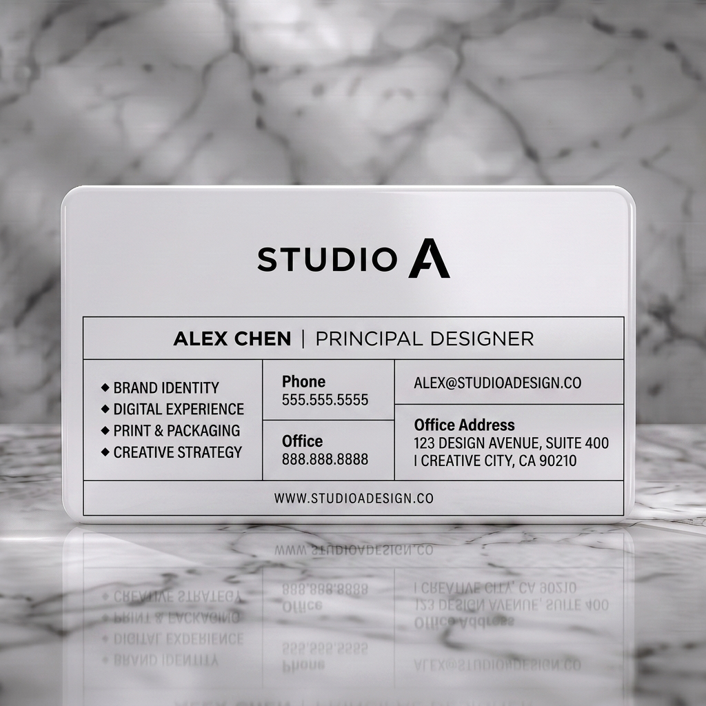 Solid white PVC business card featuring clean white and black layout, modern sans-serif typography, and subtle purple diamond icons