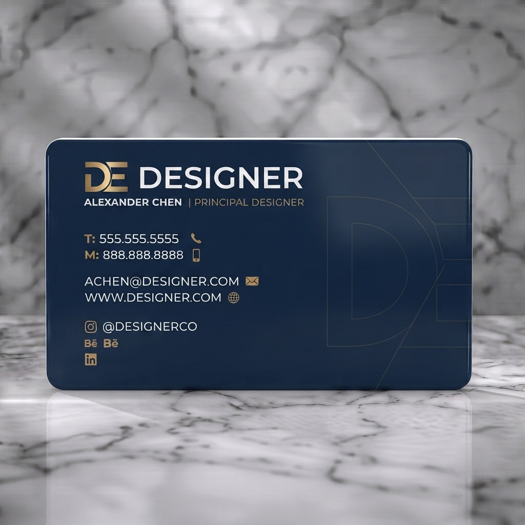 Solid white PVC business card featuring elegant navy and gold palette, modern sans-serif fonts, geometric DE logo, and simple contact icons