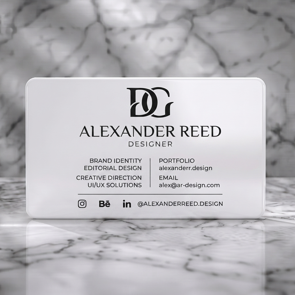 Solid white PVC business card featuring clean black & white design, elegant serif logo, modern sans-serif fonts, and minimalist social icons