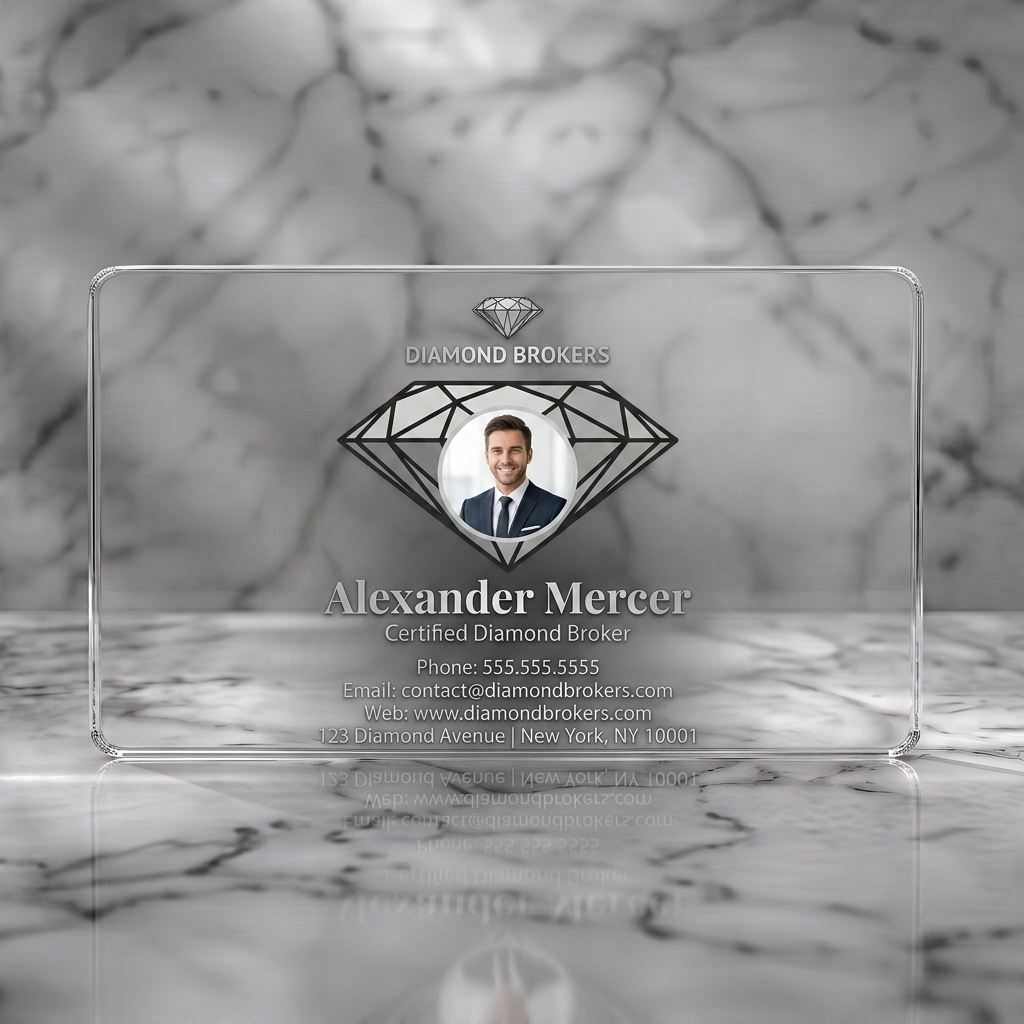 Clear plastic business card featuring sleek diamond broker card featuring a large diamond icon, professional photo, and silver typography