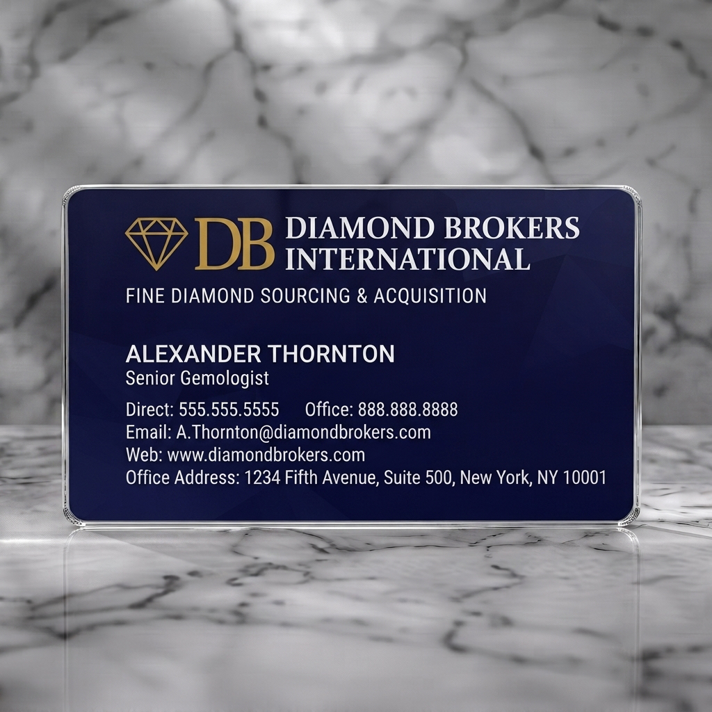 Clear plastic business card featuring a sophisticated navy design, gold diamond logo, clean sans-serif text, and subtle faceted background