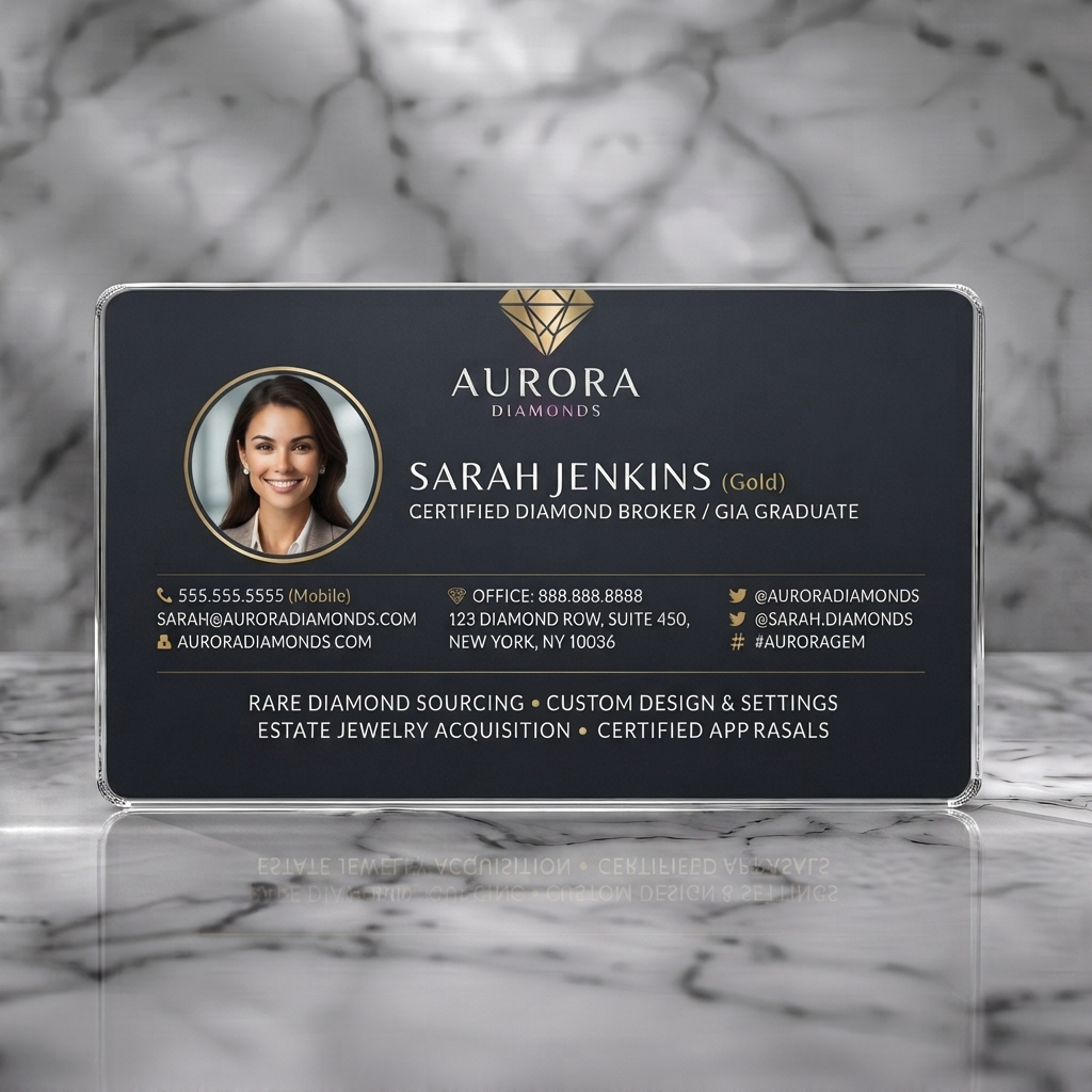 Clear plastic business card featuring luxurious dark design, gold accents, professional sans-serif typography, a diamond logo, and crisp icons