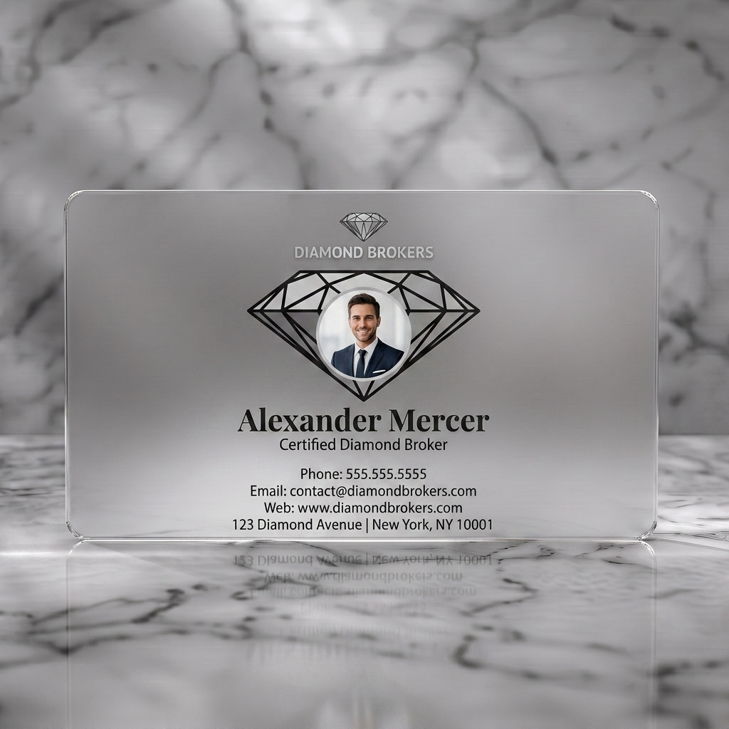 Frosted translucent plastic business card featuring sleek diamond broker card featuring a large diamond icon, professional photo, and silver typography