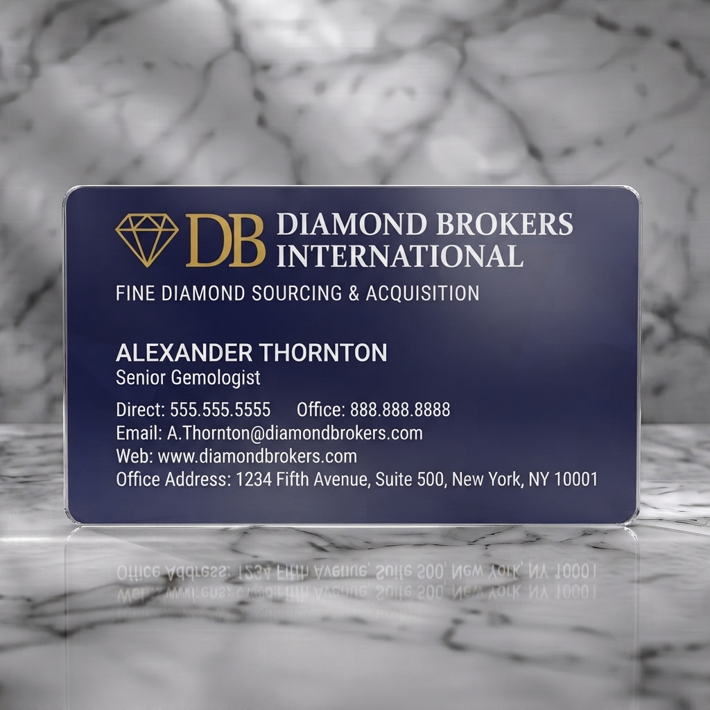 Frosted translucent plastic business card featuring a sophisticated navy design, gold diamond logo, clean sans-serif text, and subtle faceted background