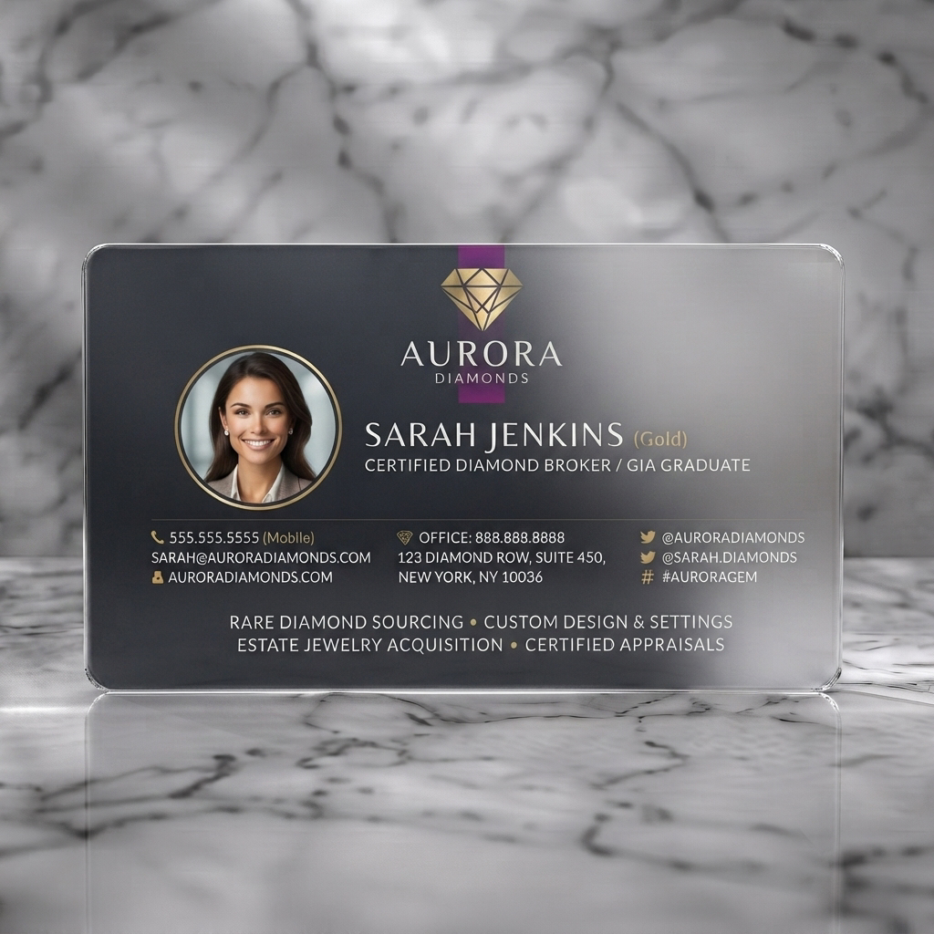 Frosted translucent plastic business card featuring luxurious dark design, gold accents, professional sans-serif typography, a diamond logo, and crisp icons
