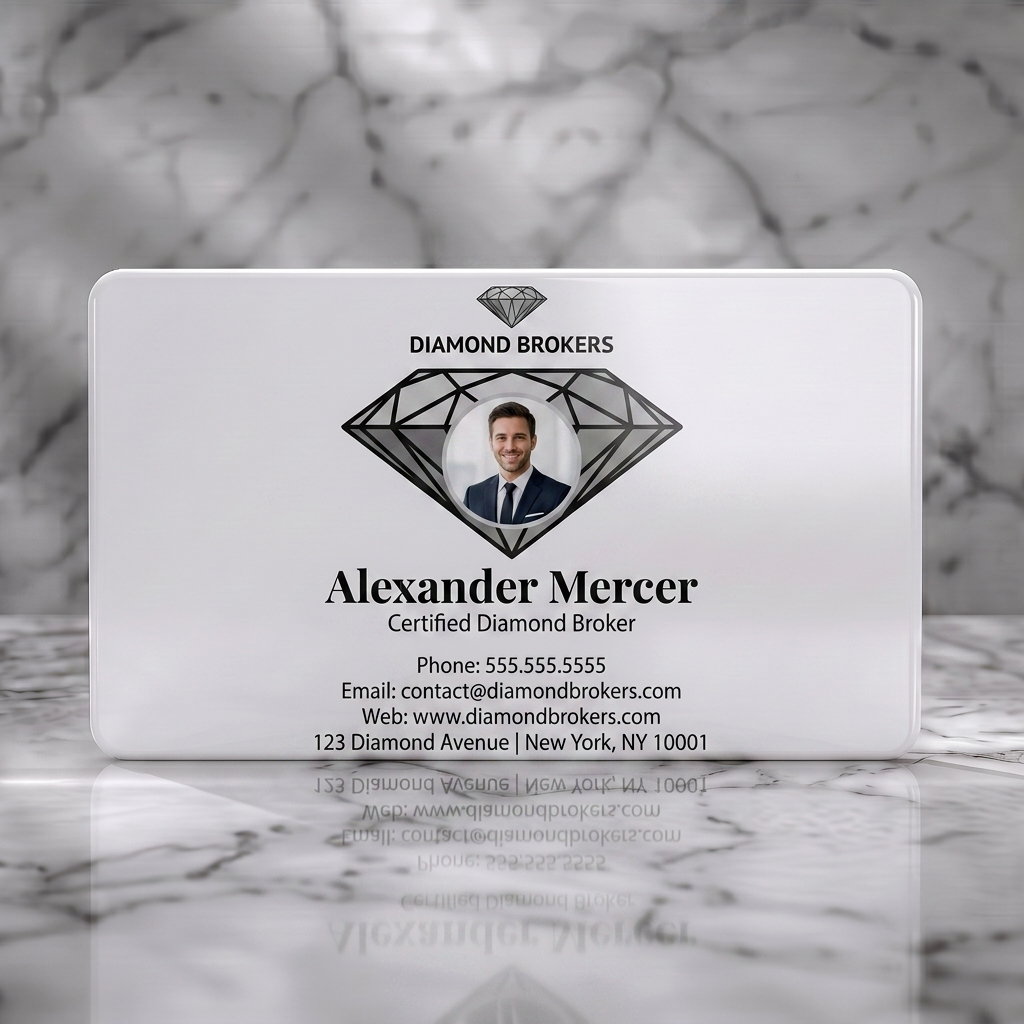 Solid white PVC business card featuring sleek diamond broker card featuring a large diamond icon, professional photo, and silver typography