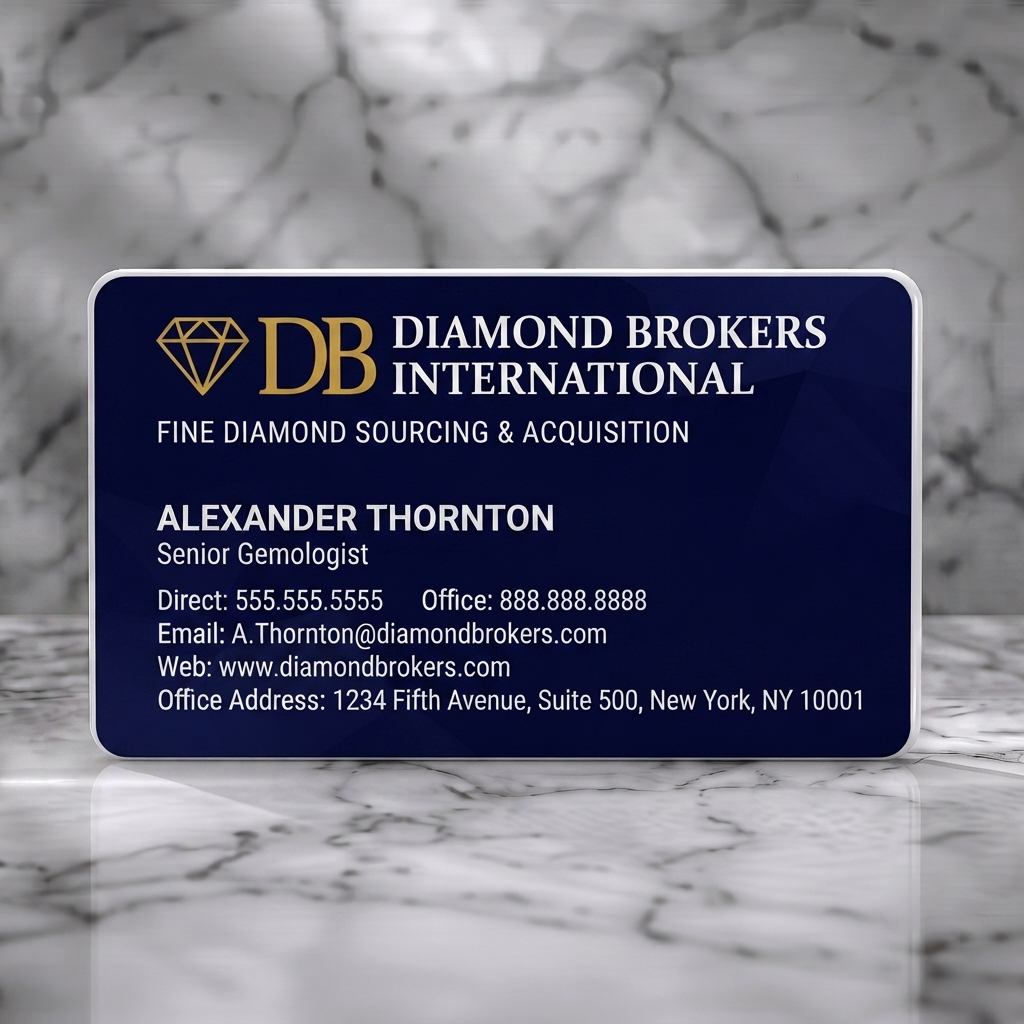 Solid white PVC business card featuring a sophisticated navy design, gold diamond logo, clean sans-serif text, and subtle faceted background