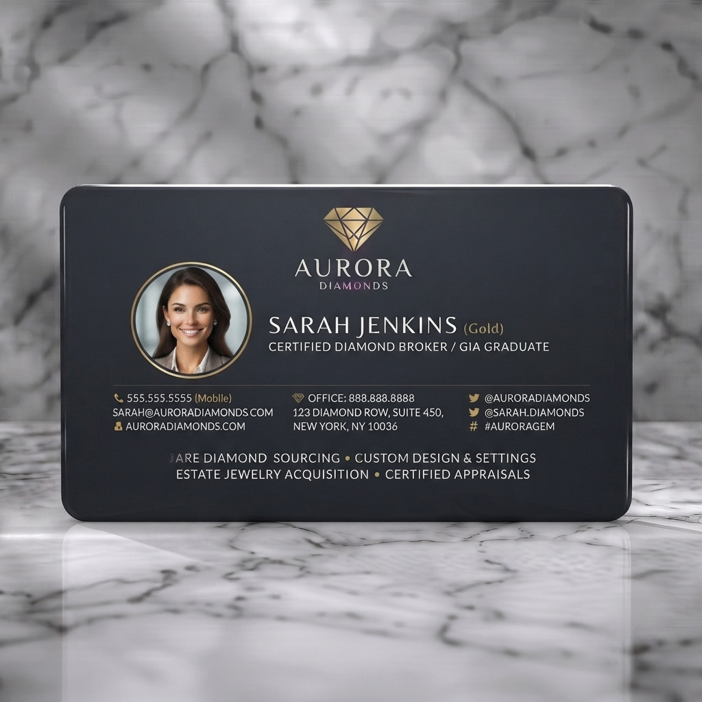 Solid white PVC business card featuring luxurious dark design, gold accents, professional sans-serif typography, a diamond logo, and crisp icons