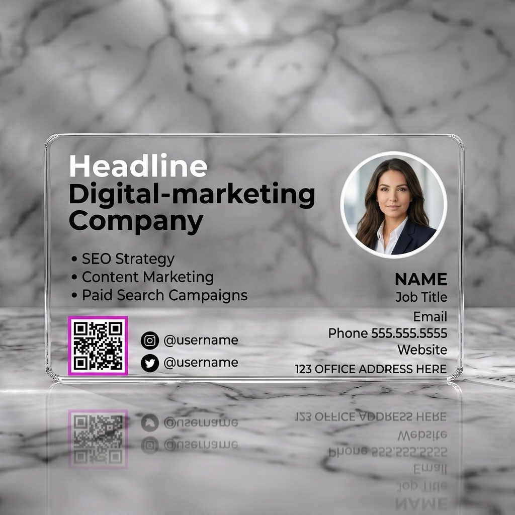 Clear plastic business card featuring modern design with distinct color blocking, bold sans-serif typography, a profile photo, QR code, and social icons
