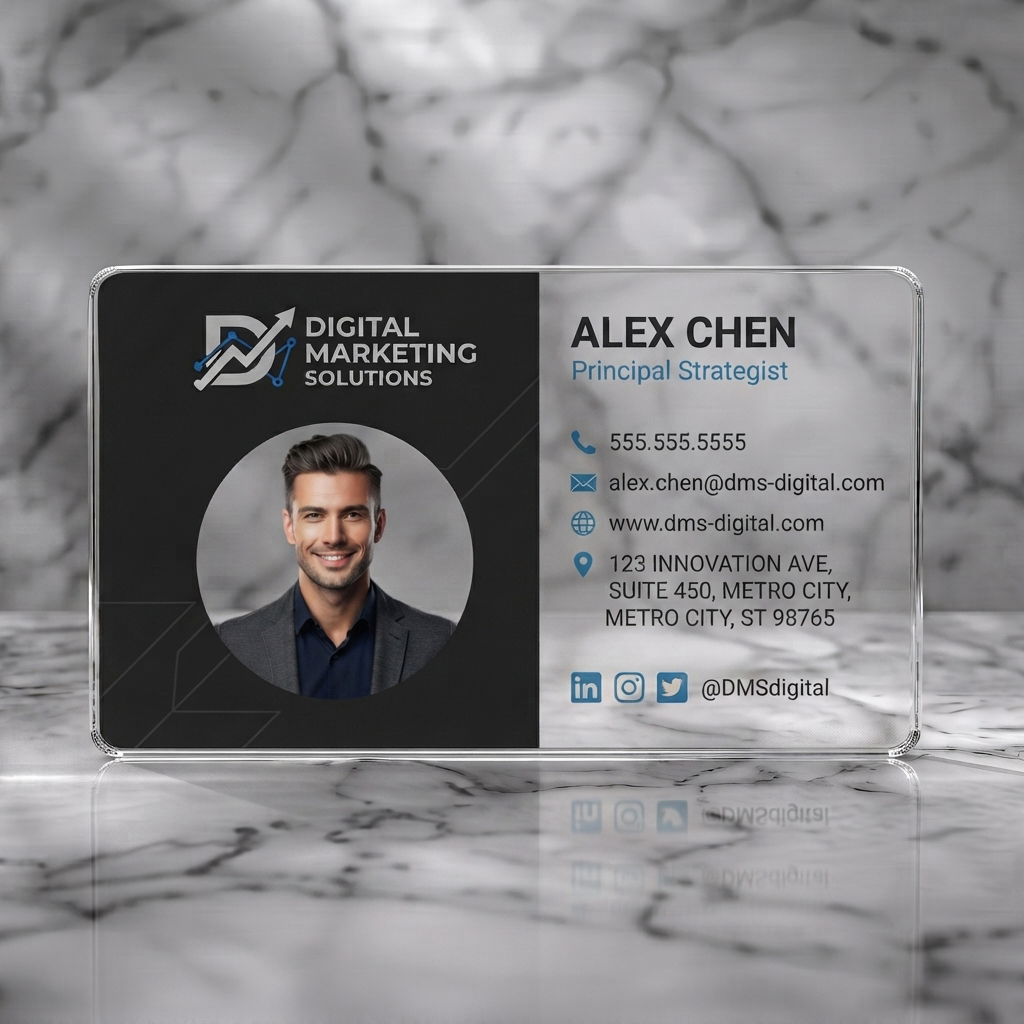 Clear plastic business card featuring modern dual-tone black and white design, sans-serif typography, blue icons, digital growth logo, profile photo
