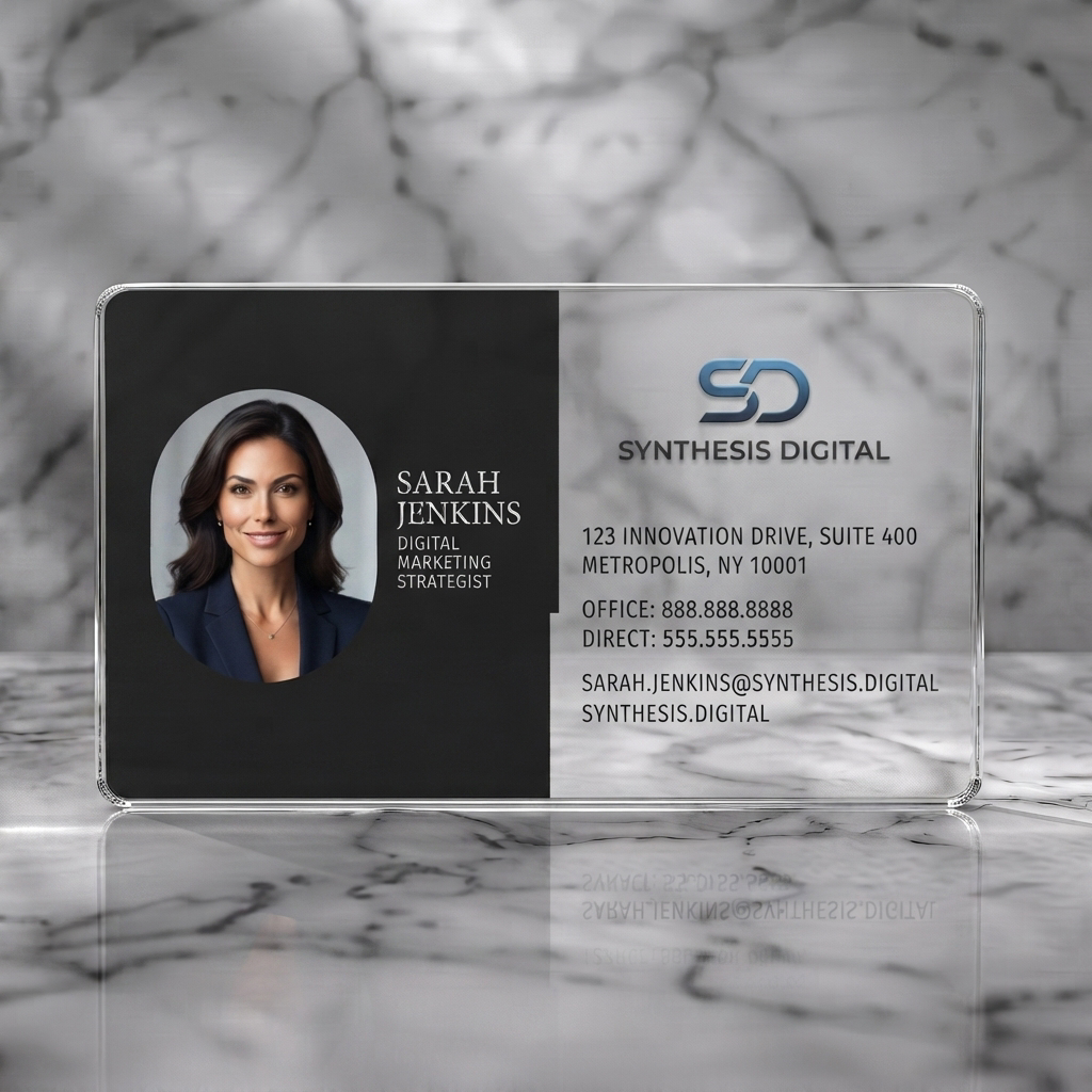 Clear plastic business card featuring a modern two-tone design, professional photo, blue gradient logo, elegant serif and clean sans-serif typography