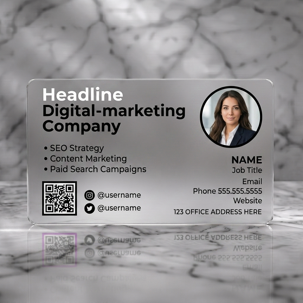 Frosted translucent plastic business card featuring modern design with distinct color blocking, bold sans-serif typography, a profile photo, QR code, and social icons