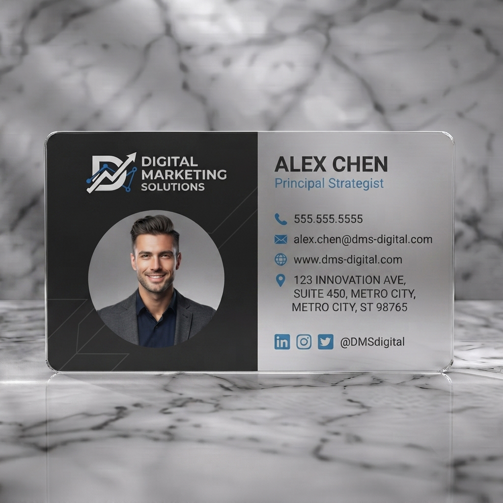 Frosted translucent plastic business card featuring modern dual-tone black and white design, sans-serif typography, blue icons, digital growth logo, profile photo