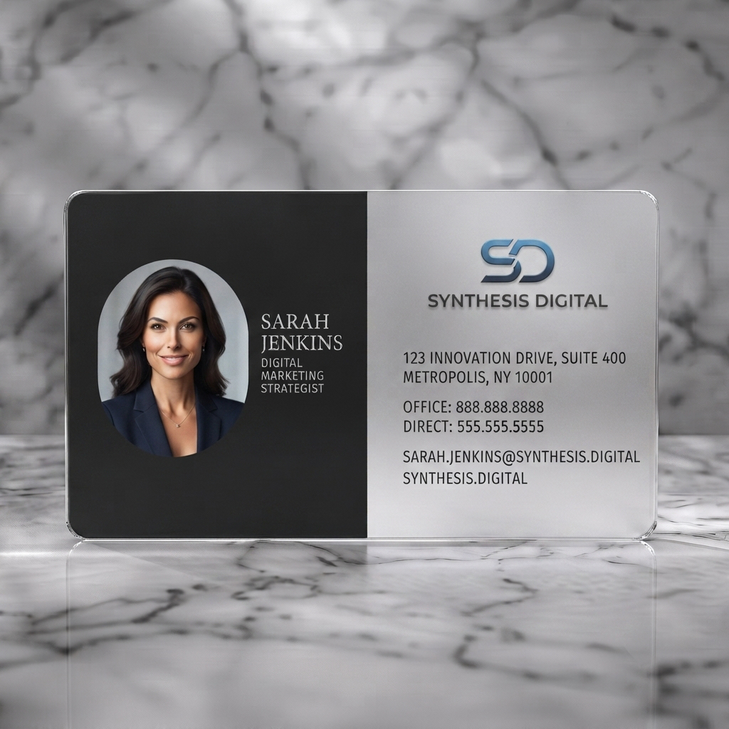 Frosted translucent plastic business card featuring a modern two-tone design, professional photo, blue gradient logo, elegant serif and clean sans-serif typography