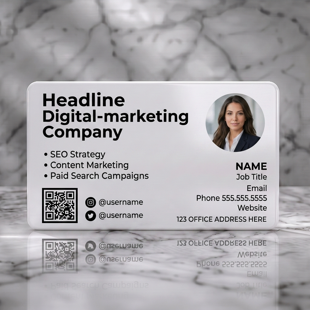 Solid white PVC business card featuring modern design with distinct color blocking, bold sans-serif typography, a profile photo, QR code, and social icons