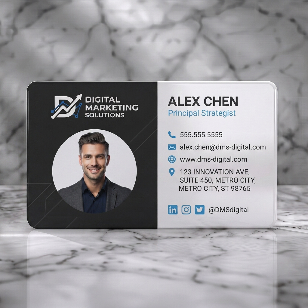 Solid white PVC business card featuring modern dual-tone black and white design, sans-serif typography, blue icons, digital growth logo, profile photo