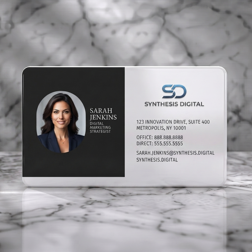 Solid white PVC business card featuring a modern two-tone design, professional photo, blue gradient logo, elegant serif and clean sans-serif typography