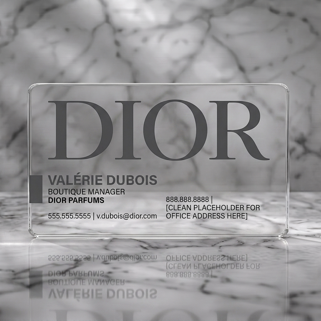 Clear plastic business card featuring elegant minimalist design with prominent dark gray serif Dior logo and clean sans-serif typography
