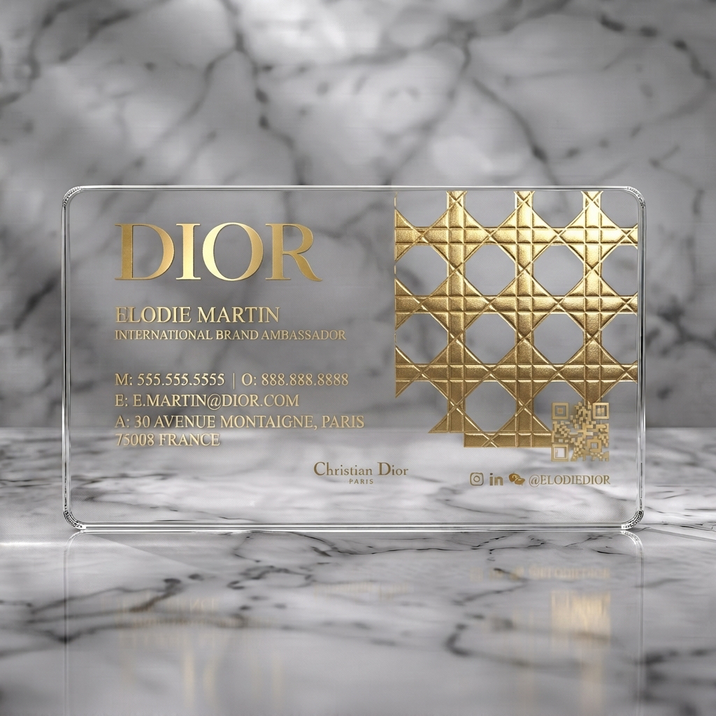 Clear plastic business card featuring luxurious black and gold design, embossed Cannage pattern, elegant typography, and gold icons