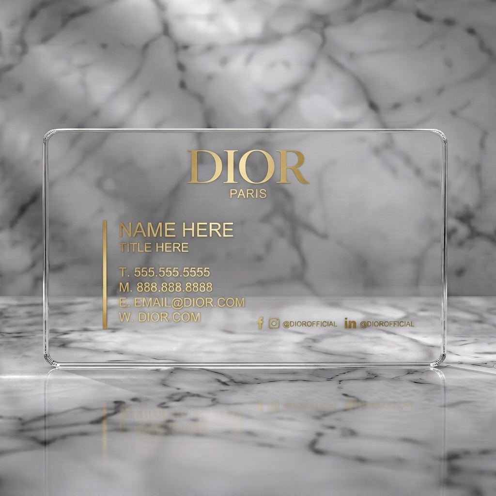 Clear plastic business card featuring luxurious navy and gold design, subtle Dior monogram, elegant typography, social icons