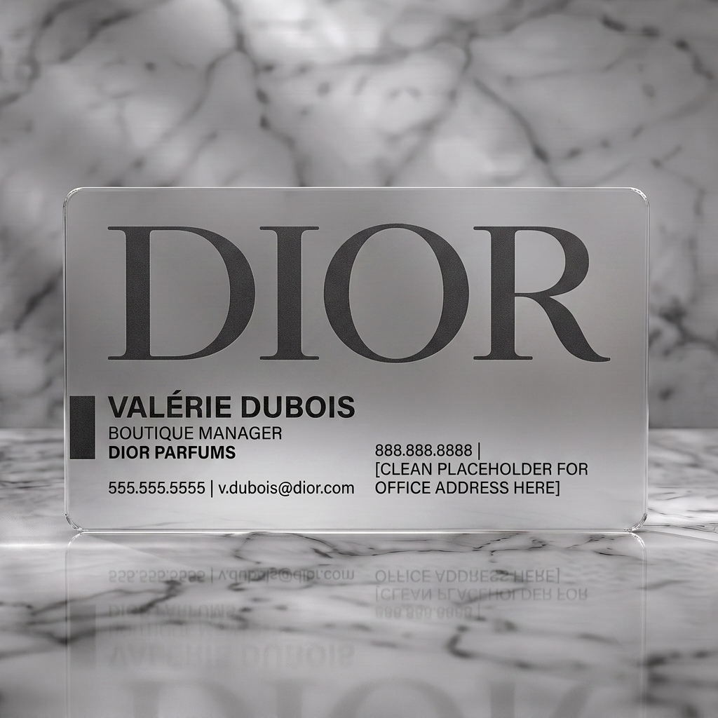 Frosted translucent plastic business card featuring elegant minimalist design with prominent dark gray serif Dior logo and clean sans-serif typography