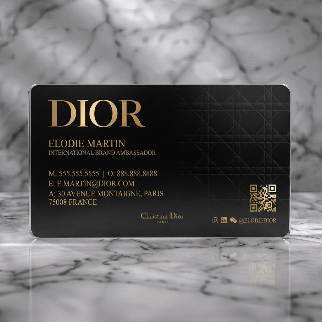 Frosted translucent plastic business card featuring luxurious black and gold design, embossed Cannage pattern, elegant typography, and gold icons