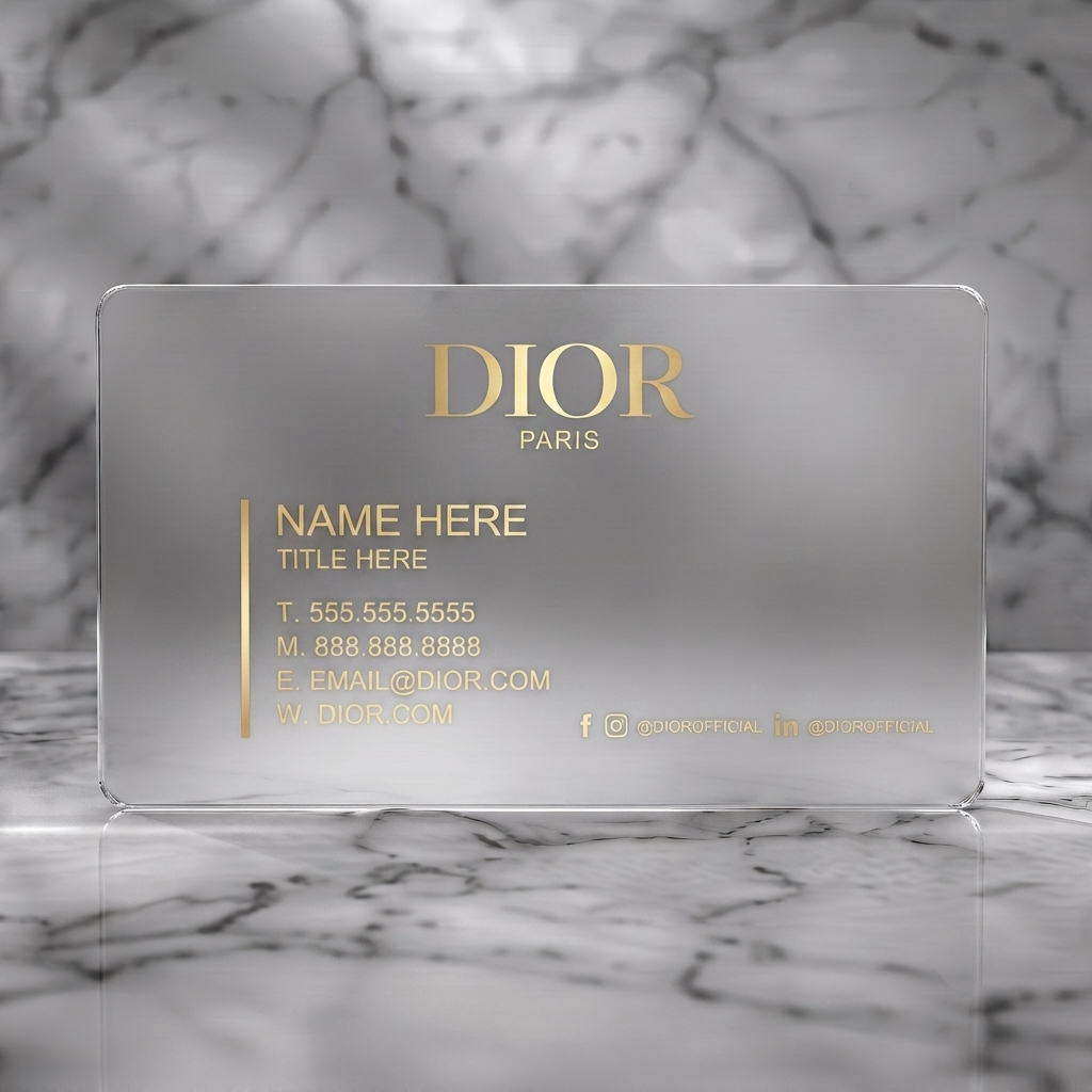 Frosted translucent plastic business card featuring luxurious navy and gold design, subtle Dior monogram, elegant typography, social icons