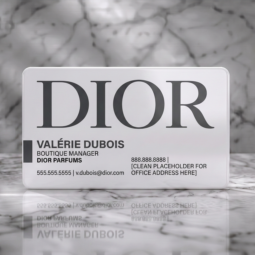 Solid white PVC business card featuring elegant minimalist design with prominent dark gray serif Dior logo and clean sans-serif typography