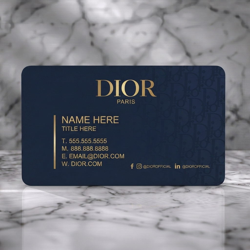 Solid white PVC business card featuring luxurious navy and gold design, subtle Dior monogram, elegant typography, social icons