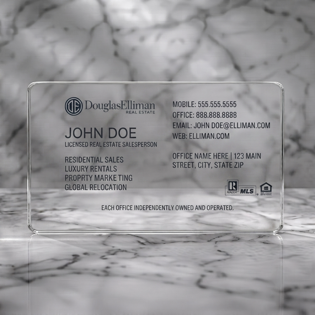 Clear plastic business card featuring douglas Elliman branded, professional and minimalist with dark gray typography and essential real estate icons
