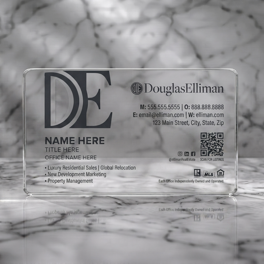 Clear plastic business card featuring minimalist style, charcoal branding, mixed typography, Douglas Elliman logo, and diverse icons