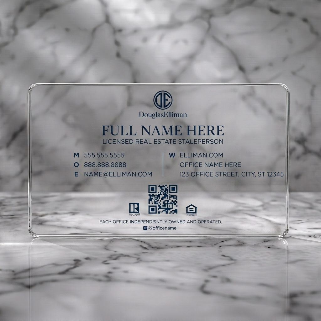 Clear plastic business card featuring clean white and navy design, classic serif and sans-serif fonts, strong branding, essential contact icons
