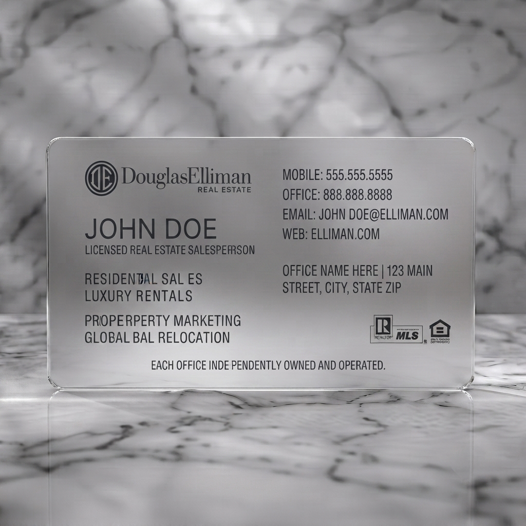 Frosted translucent plastic business card featuring douglas Elliman branded, professional and minimalist with dark gray typography and essential real estate icons