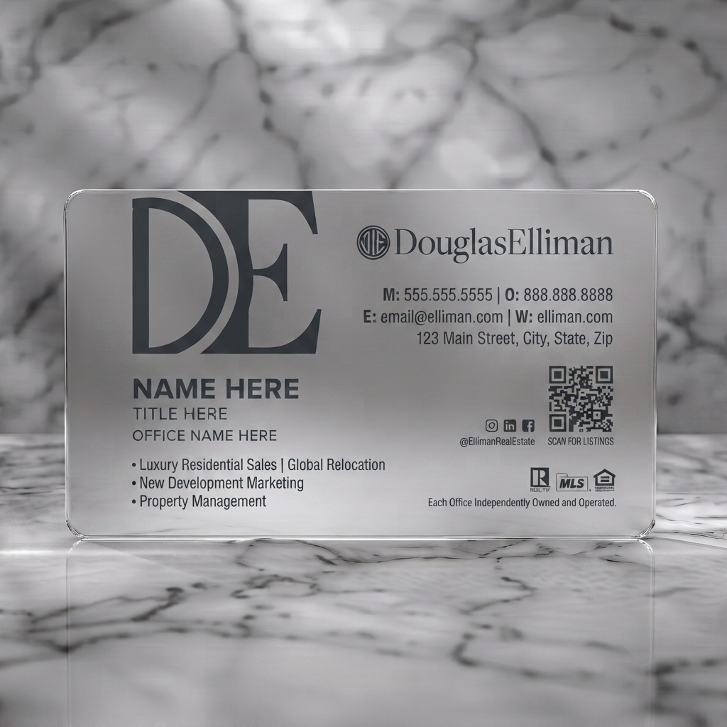 Frosted translucent plastic business card featuring minimalist style, charcoal branding, mixed typography, Douglas Elliman logo, and diverse icons