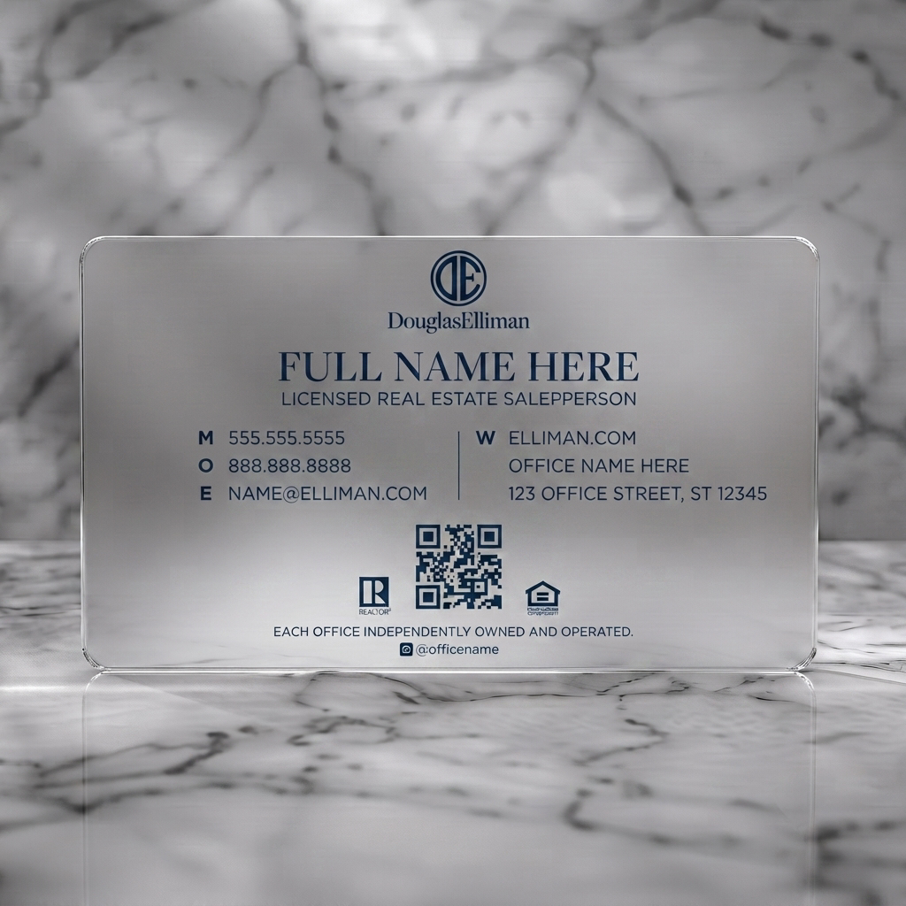 Frosted translucent plastic business card featuring clean white and navy design, classic serif and sans-serif fonts, strong branding, essential contact icons
