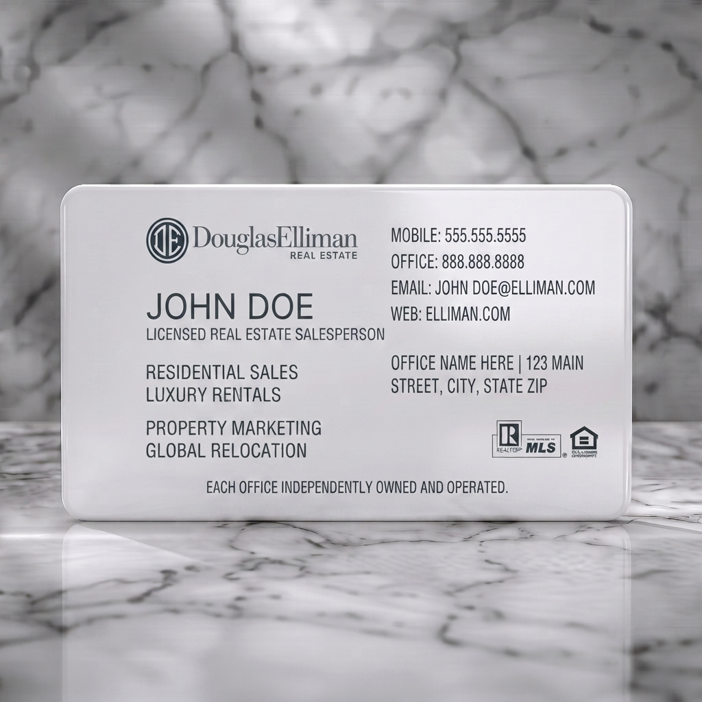 Solid white PVC business card featuring douglas Elliman branded, professional and minimalist with dark gray typography and essential real estate icons