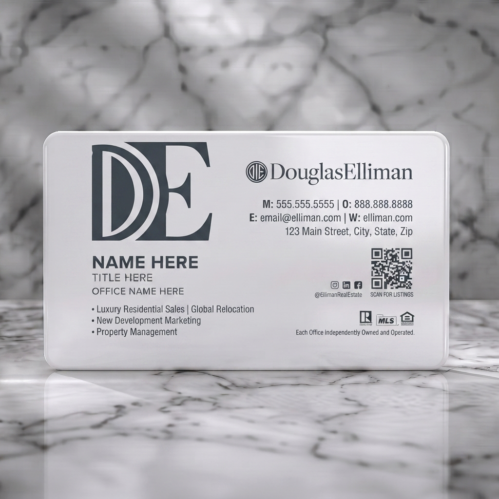 Solid white PVC business card featuring minimalist style, charcoal branding, mixed typography, Douglas Elliman logo, and diverse icons