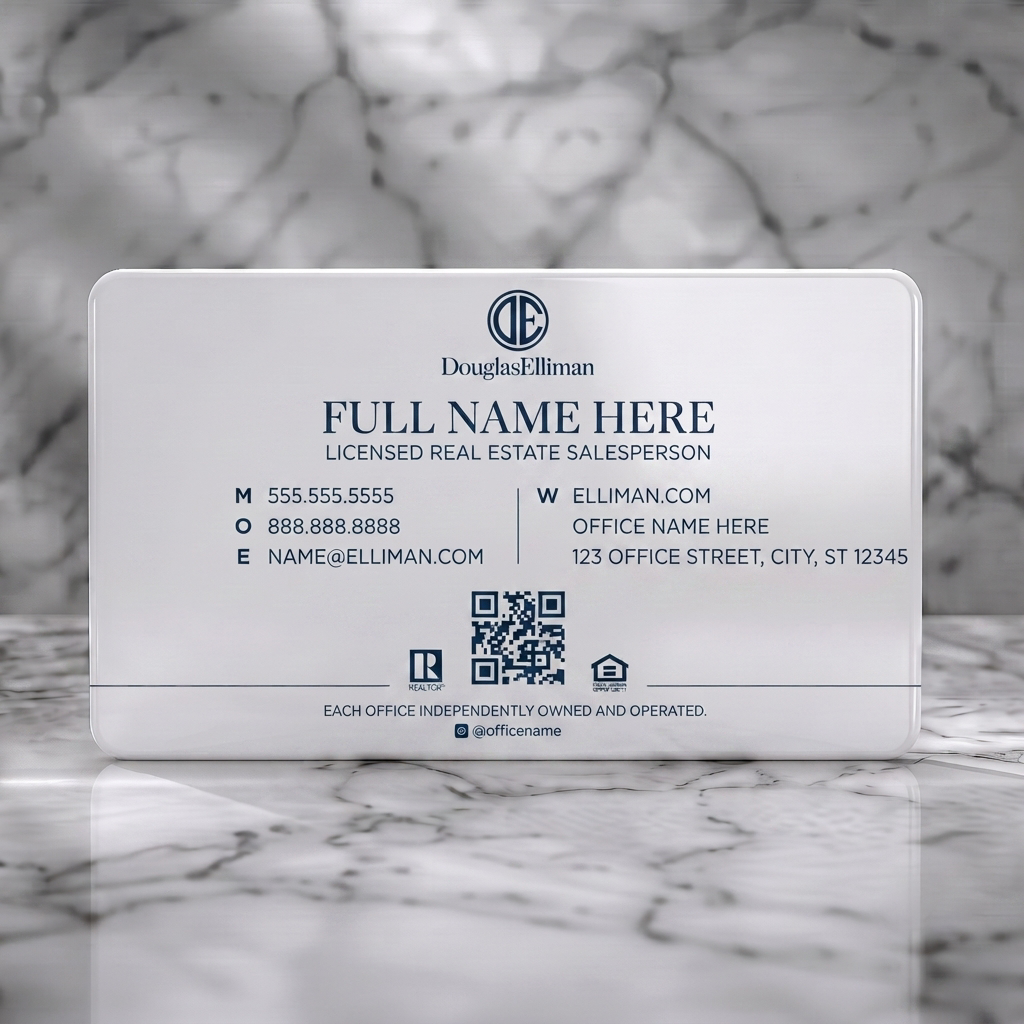 Solid white PVC business card featuring clean white and navy design, classic serif and sans-serif fonts, strong branding, essential contact icons