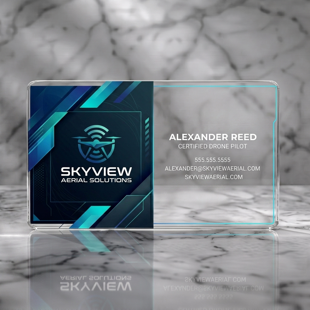 Clear plastic business card featuring sleek, tech-focused design with drone icon, blue geometric accents, and crisp white sans-serif text